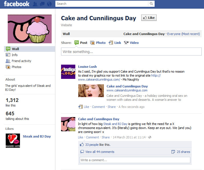 Facebook fake Cake and Cunnilingus page in 2011