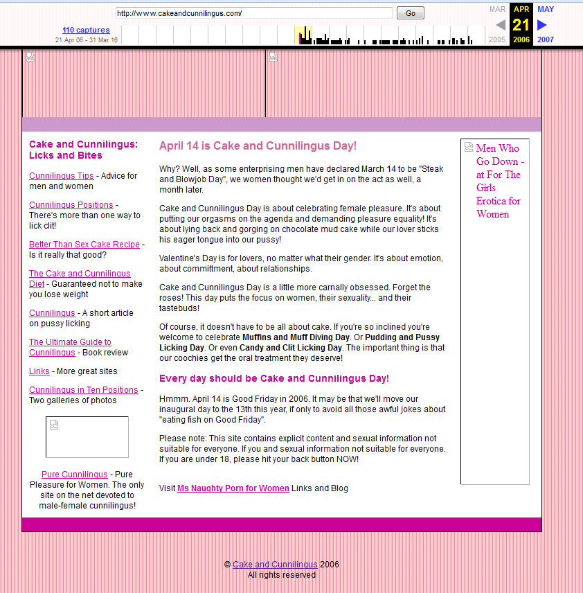 Wayback Machine Cake and Cunnilingus site 2006